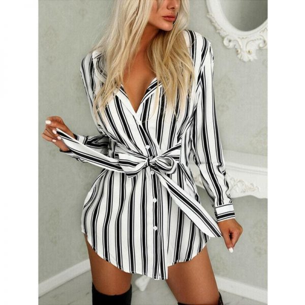 The Best Women Fashion Long Shirt Dress Ladies V-neck Striped Print Casual Summer Mini Dress Short Mini Dress Online - Takalr