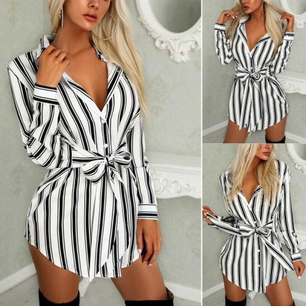 The Best Women Fashion Long Shirt Dress Ladies V-neck Striped Print Casual Summer Mini Dress Short Mini Dress Online - Takalr