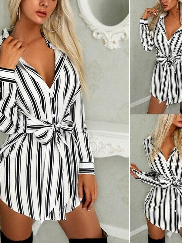 The Best Women Fashion Long Shirt Dress Ladies V-neck Striped Print Casual Summer Mini Dress Short Mini Dress Online - Takalr