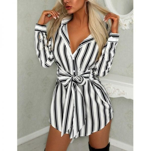 The Best Women Fashion Long Shirt Dress Ladies V-neck Striped Print Casual Summer Mini Dress Short Mini Dress Online - Takalr