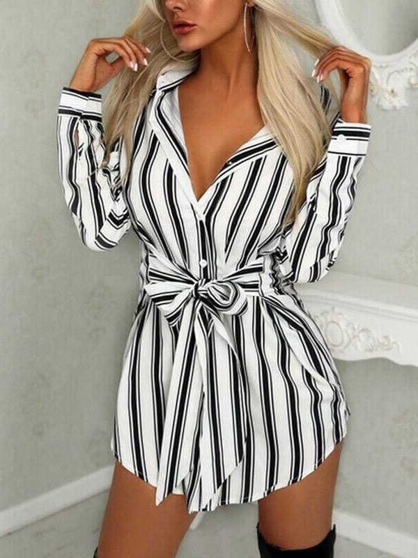 The Best Women Fashion Long Shirt Dress Ladies V-neck Striped Print Casual Summer Mini Dress Short Mini Dress Online - Takalr