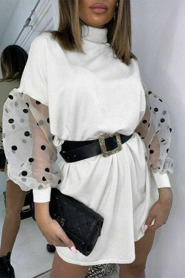 The Best Women Fashion Mesh Puff Long Sleeve Turtleneck Dress Loose Casual Polka Dots Mini Dress Elegant Clubwear Party Clothes Online - Takalr