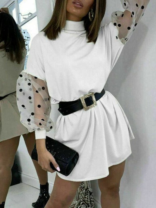 The Best Women Fashion Mesh Puff Long Sleeve Turtleneck Dress Loose Casual Polka Dots Mini Dress Elegant Clubwear Party Clothes Online - Takalr