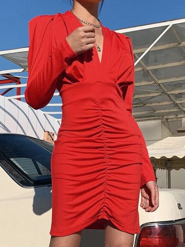 The Best Women Fashion Solid Long Sleeve Dress V-Neck Bodycon Pencil Dress Fashion Ladies Girl Mini Dresses Streetwear Online - Takalr