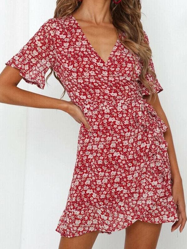 The Best Women Fashion Summer Boho Floral Print Short Sleeve V-Neck Dress Ladies Holiday Party Beach Casual Dress Sundress Online - Takalr