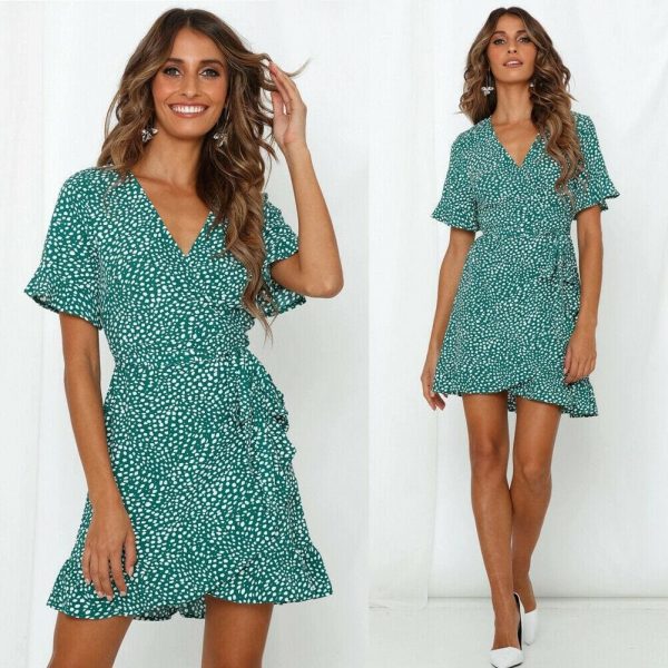 The Best Women Fashion Summer Boho Floral Print Short Sleeve V-Neck Dress Ladies Holiday Party Beach Casual Dress Sundress Online - Takalr