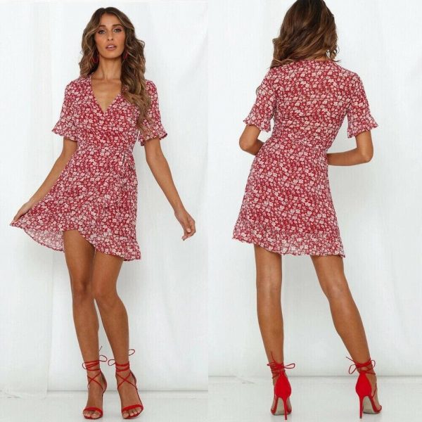 The Best Women Fashion Summer Boho Floral Print Short Sleeve V-Neck Dress Ladies Holiday Party Beach Casual Dress Sundress Online - Takalr