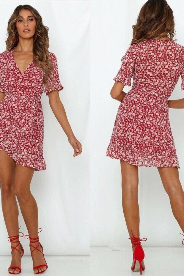 The Best Women Fashion Summer Boho Floral Print Short Sleeve V-Neck Dress Ladies Holiday Party Beach Casual Dress Sundress Online - Takalr