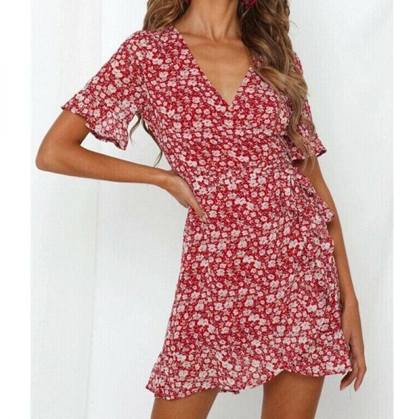 The Best Women Fashion Summer Boho Floral Print Short Sleeve V-Neck Dress Ladies Holiday Party Beach Casual Dress Sundress Online - Takalr