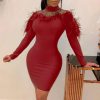 women faxu fur long sleeve bodycon dress stretchy mini party dress back zipper solid transparent chocker neck vestidos - Takalr