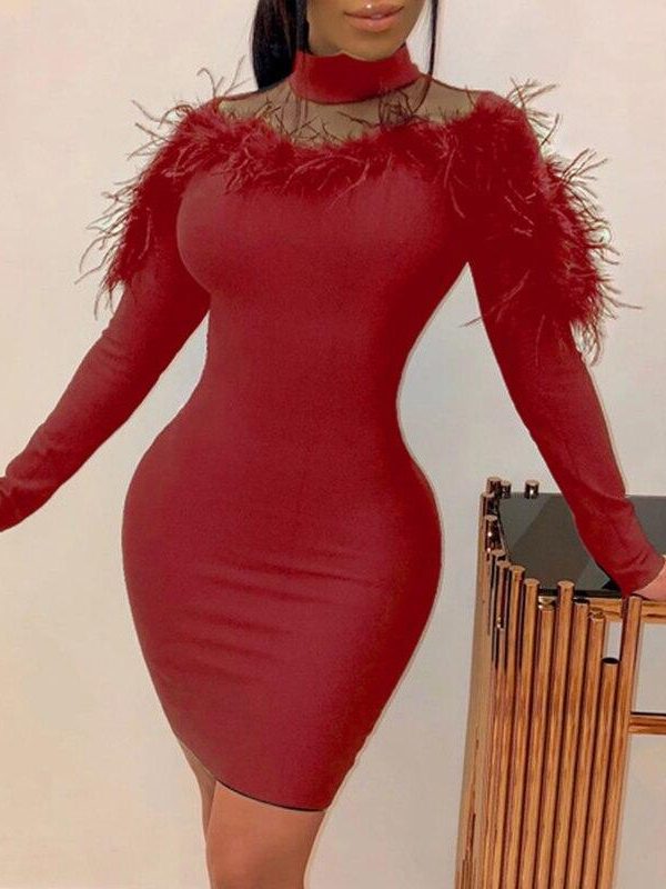 women faxu fur long sleeve bodycon dress stretchy mini party dress back zipper solid transparent chocker neck vestidos - Takalr