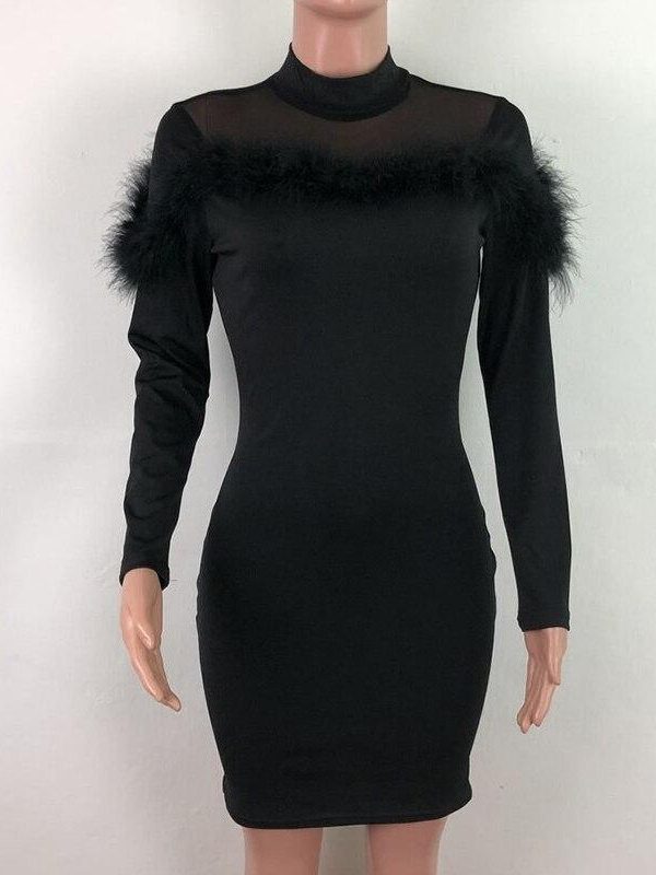 women faxu fur long sleeve bodycon dress stretchy mini party dress back zipper solid transparent chocker neck vestidos - Takalr