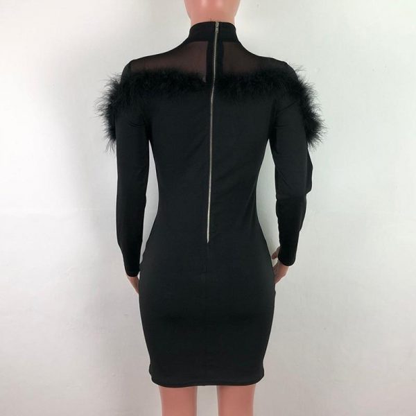 women faxu fur long sleeve bodycon dress stretchy mini party dress back zipper solid transparent chocker neck vestidos - Takalr