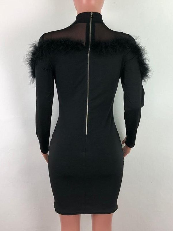 women faxu fur long sleeve bodycon dress stretchy mini party dress back zipper solid transparent chocker neck vestidos - Takalr