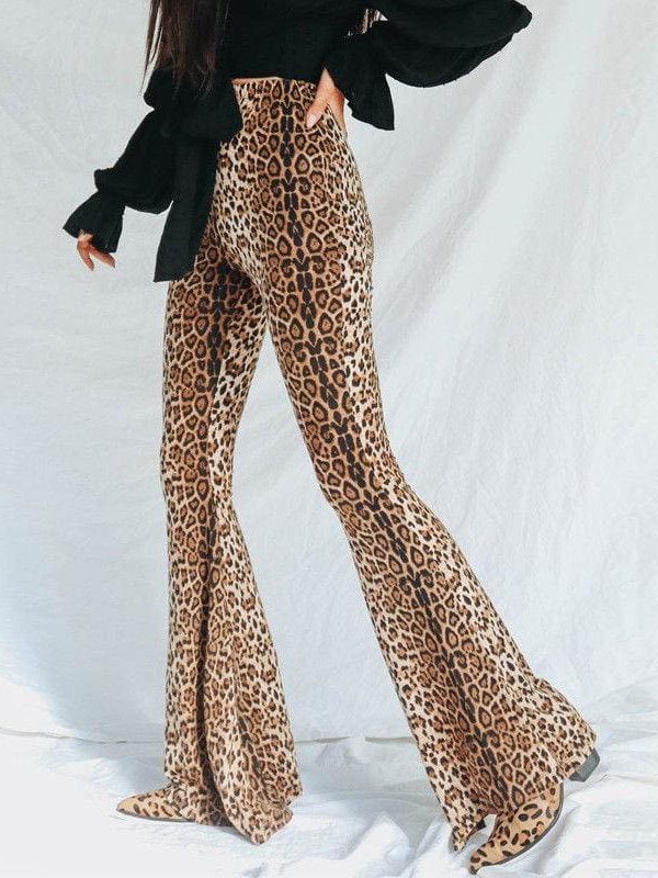 The Best Women Flared Leopard Print Bell Bottom Loose Pants Ladies Bandage Casual Stretch High Waist Long Trousers New Online - Takalr