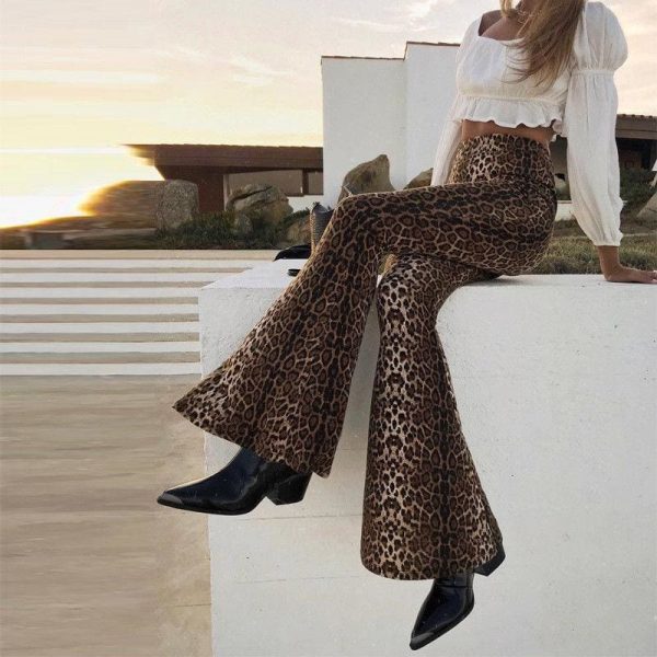 The Best Women Flared Leopard Print Bell Bottom Loose Pants Ladies Bandage Casual Stretch High Waist Long Trousers New Online - Takalr