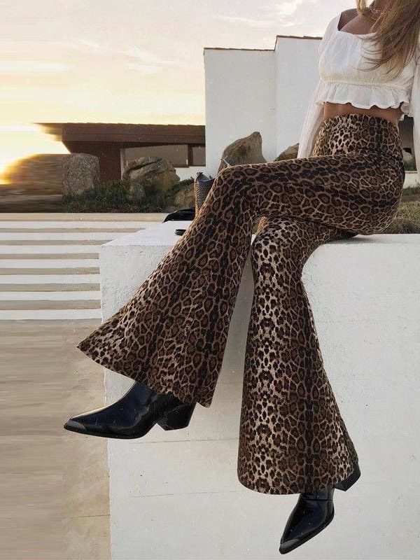 The Best Women Flared Leopard Print Bell Bottom Loose Pants Ladies Bandage Casual Stretch High Waist Long Trousers New Online - Takalr