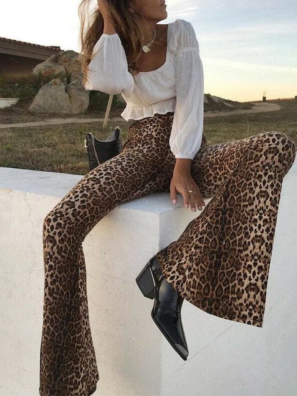 The Best Women Flared Leopard Print Bell Bottom Loose Pants Ladies Bandage Casual Stretch High Waist Long Trousers New Online - Takalr