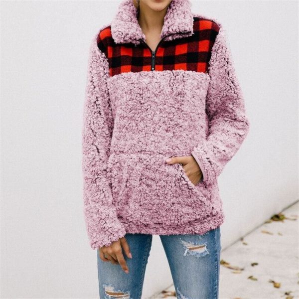 The Best Women Fleece Outerwear Fashion Plaid Patchwork Fluffy Thick Sweaters Warm Zipper Pullovers Women Winter Coat Sherpa Tops Online - Takalr