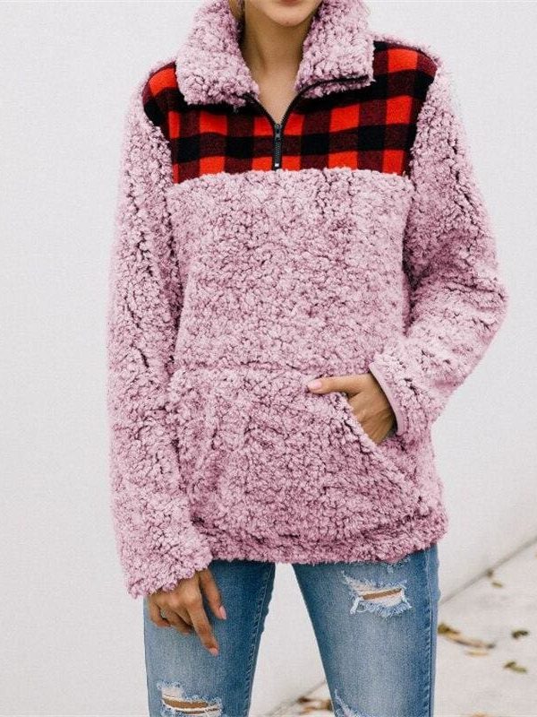 The Best Women Fleece Outerwear Fashion Plaid Patchwork Fluffy Thick Sweaters Warm Zipper Pullovers Women Winter Coat Sherpa Tops Online - Takalr