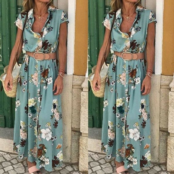 The Best Women Floral Boho Long Dress Short Sleeve High Waist Elegant Ladies Holiday Summer Beach Casual Sundress Online - Takalr