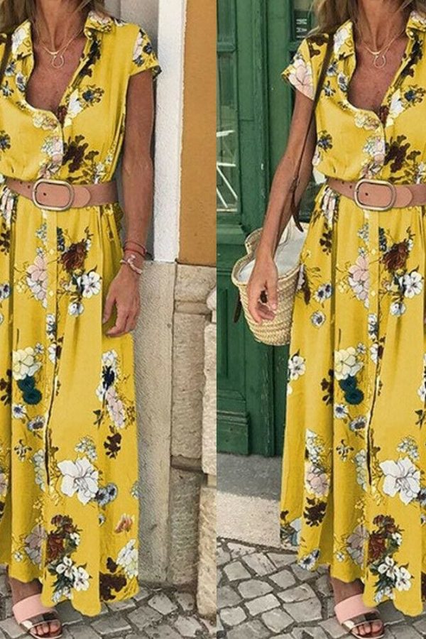 The Best Women Floral Boho Long Dress Short Sleeve High Waist Elegant Ladies Holiday Summer Beach Casual Sundress Online - Takalr