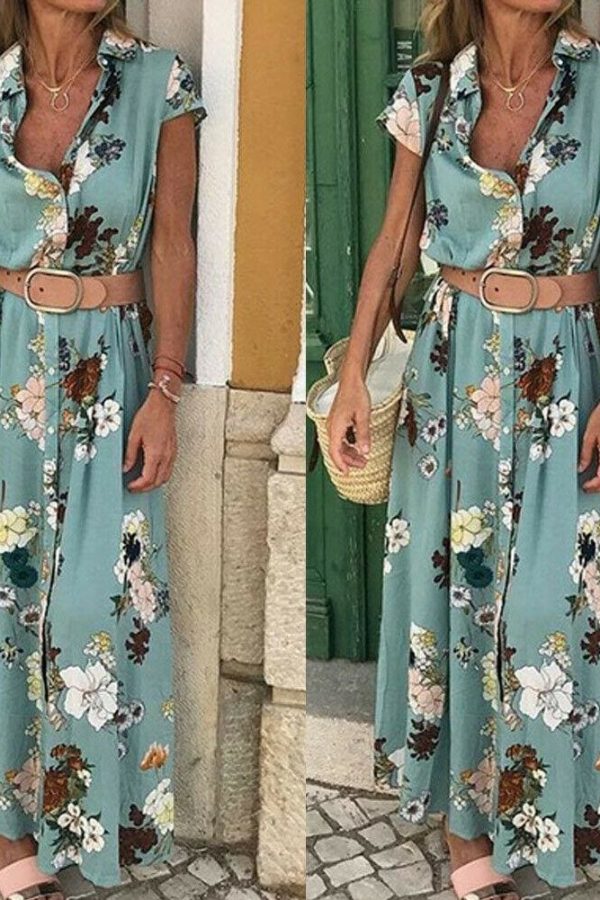 The Best Women Floral Boho Long Dress Short Sleeve High Waist Elegant Ladies Holiday Summer Beach Casual Sundress Online - Takalr