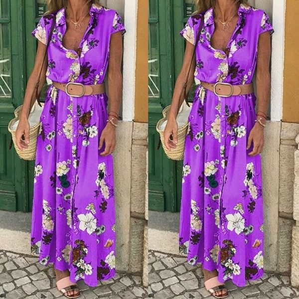 The Best Women Floral Boho Long Dress Short Sleeve High Waist Elegant Ladies Holiday Summer Beach Casual Sundress Online - Takalr