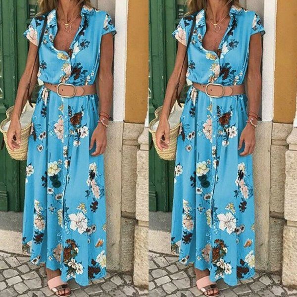 The Best Women Floral Boho Long Dress Short Sleeve High Waist Elegant Ladies Holiday Summer Beach Casual Sundress Online - Takalr