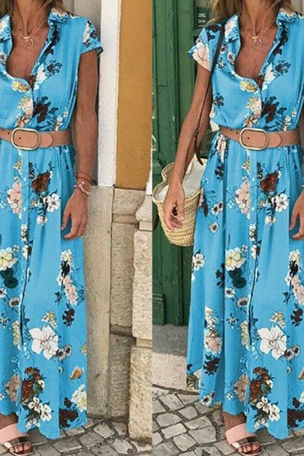 The Best Women Floral Boho Long Dress Short Sleeve High Waist Elegant Ladies Holiday Summer Beach Casual Sundress Online - Takalr