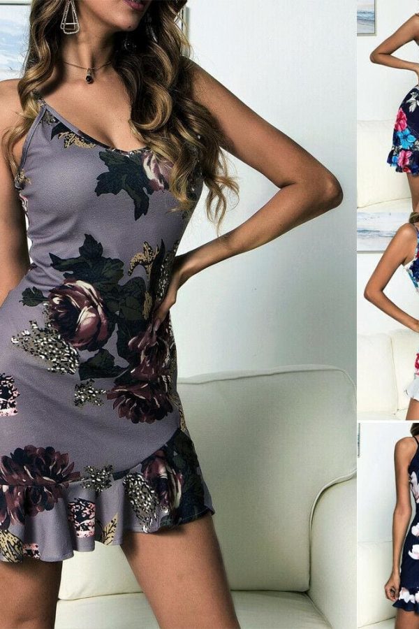 The Best Women Floral Boho Strappy Sleeveless Stretchy Package Hip Bodycon Dress Summer Holiday Beach Mini Short Dress Online - Takalr