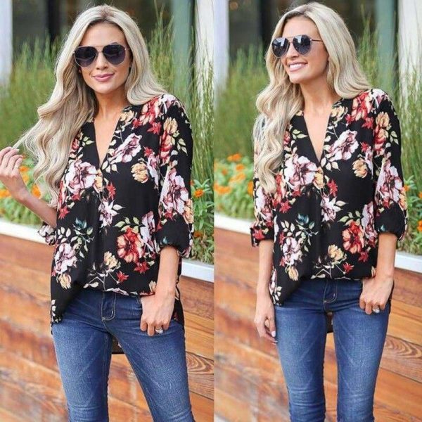 The Best Women Floral Print Chiffon Blouse Three Quarter V-Neck Casual Tops Online - Takalr