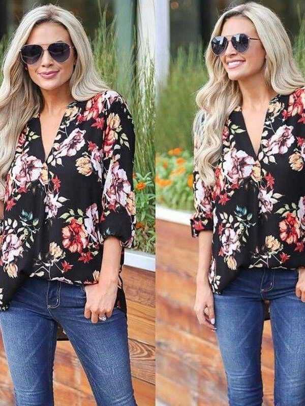 The Best Women Floral Print Chiffon Blouse Three Quarter V-Neck Casual Tops Online - Takalr