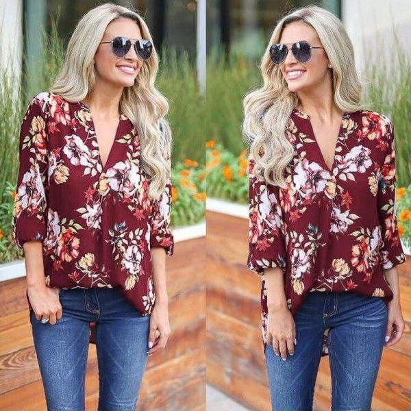 The Best Women Floral Print Chiffon Blouse Three Quarter V-Neck Casual Tops Online - Takalr