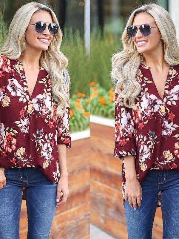 The Best Women Floral Print Chiffon Blouse Three Quarter V-Neck Casual Tops Online - Takalr