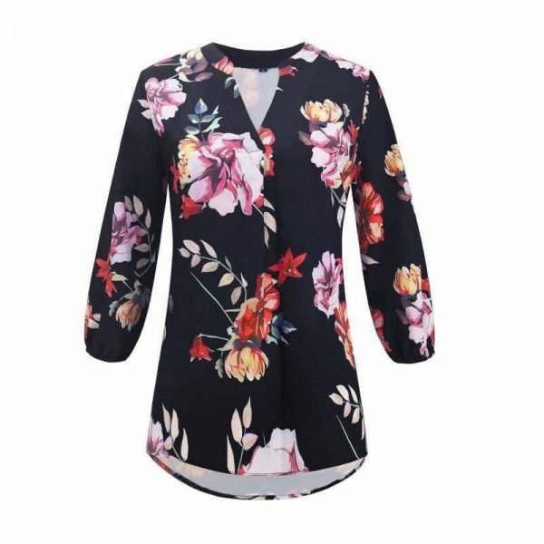 The Best Women Floral Print Chiffon Blouse Three Quarter V-Neck Casual Tops Online - Takalr