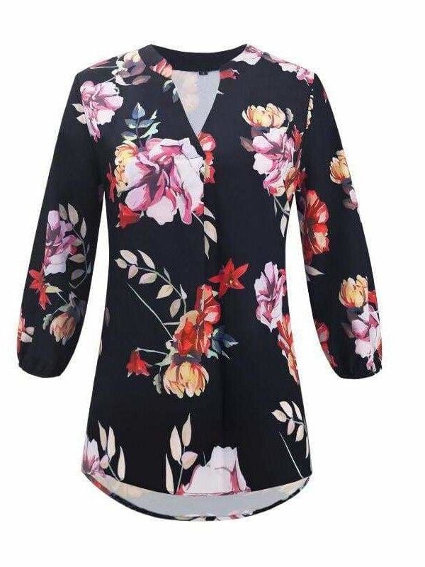 The Best Women Floral Print Chiffon Blouse Three Quarter V-Neck Casual Tops Online - Takalr