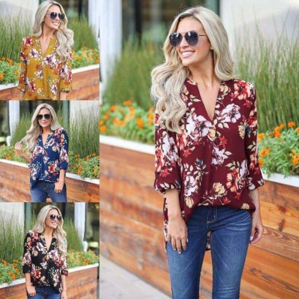 The Best Women Floral Print Chiffon Blouse Three Quarter V-Neck Casual Tops Online - Takalr