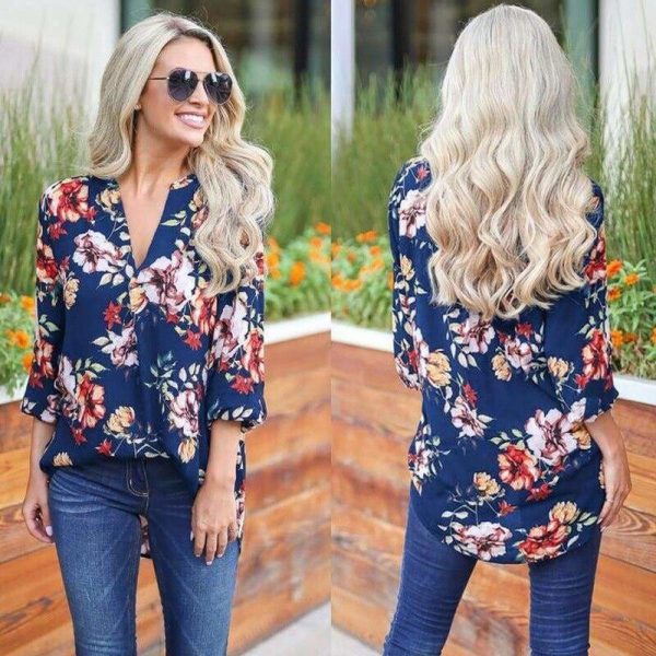 The Best Women Floral Print Chiffon Blouse Three Quarter V-Neck Casual Tops Online - Takalr