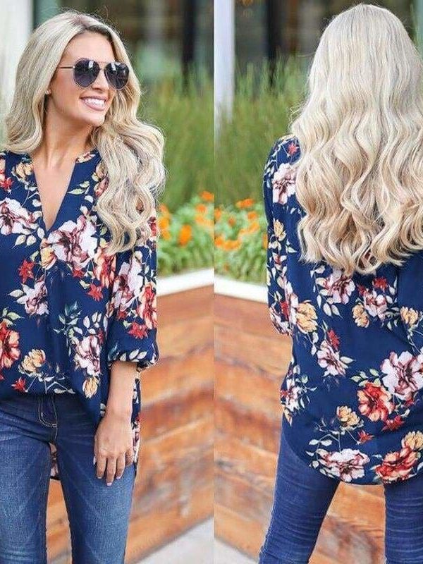 The Best Women Floral Print Chiffon Blouse Three Quarter V-Neck Casual Tops Online - Takalr