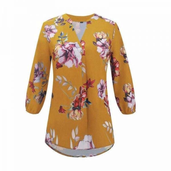 The Best Women Floral Print Chiffon Blouse Three Quarter V-Neck Casual Tops Online - Takalr