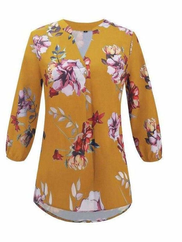 The Best Women Floral Print Chiffon Blouse Three Quarter V-Neck Casual Tops Online - Takalr