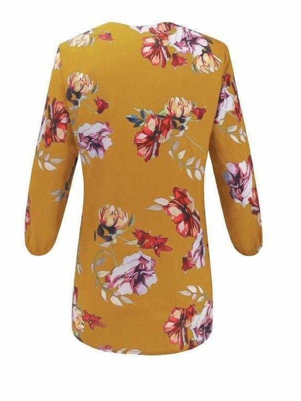 The Best Women Floral Print Chiffon Blouse Three Quarter V-Neck Casual Tops Online - Takalr