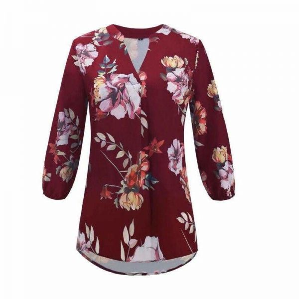 The Best Women Floral Print Chiffon Blouse Three Quarter V-Neck Casual Tops Online - Takalr