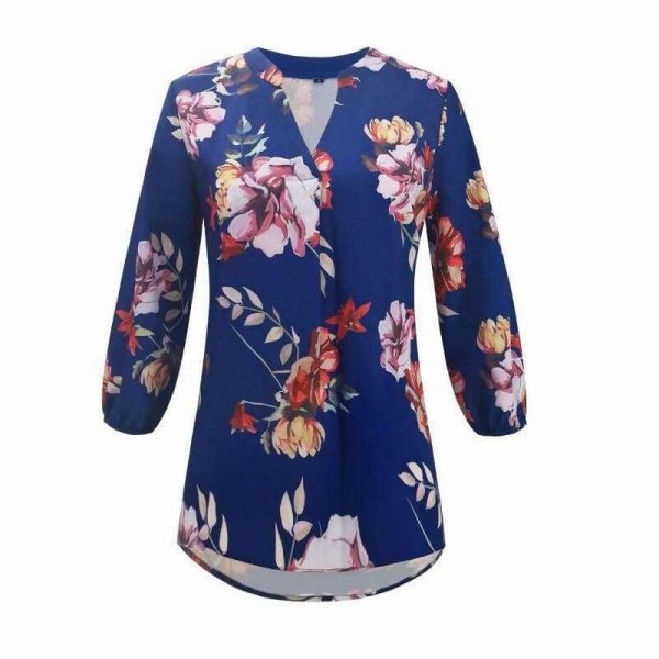 The Best Women Floral Print Chiffon Blouse Three Quarter V-Neck Casual Tops Online - Takalr