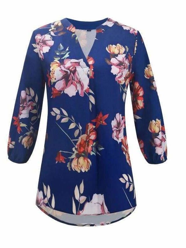 The Best Women Floral Print Chiffon Blouse Three Quarter V-Neck Casual Tops Online - Takalr