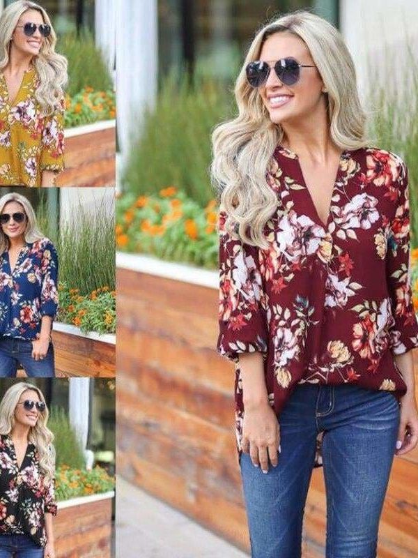 The Best Women Floral Print Chiffon Blouse Three Quarter V-Neck Casual Tops Online - Takalr