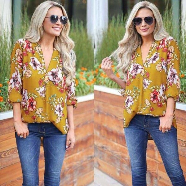 The Best Women Floral Print Chiffon Blouse Three Quarter V-Neck Casual Tops Online - Takalr