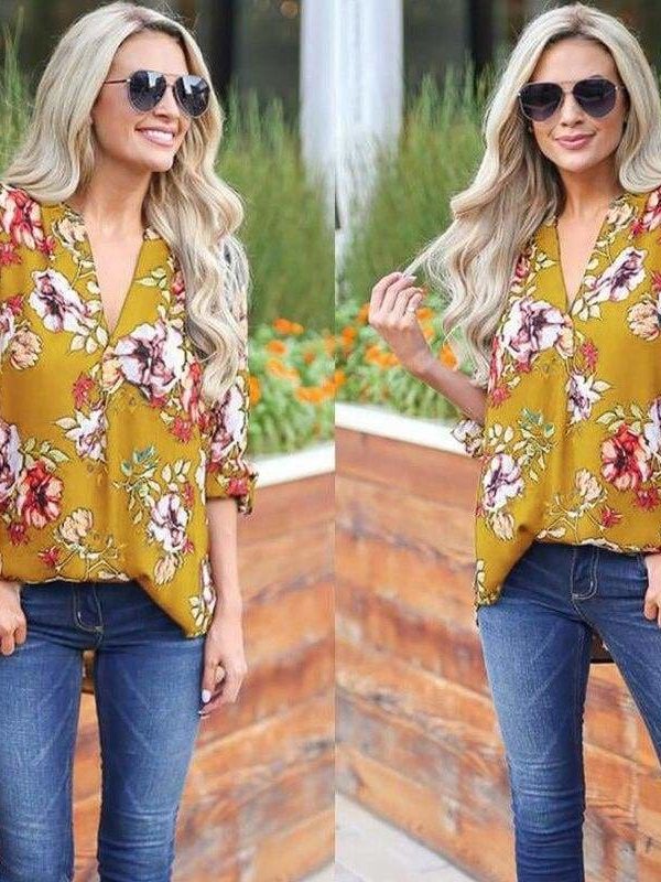 The Best Women Floral Print Chiffon Blouse Three Quarter V-Neck Casual Tops Online - Takalr