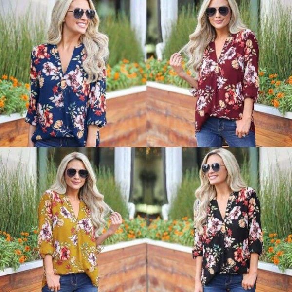 The Best Women Floral Print Chiffon Blouse Three Quarter V-Neck Casual Tops Online - Takalr